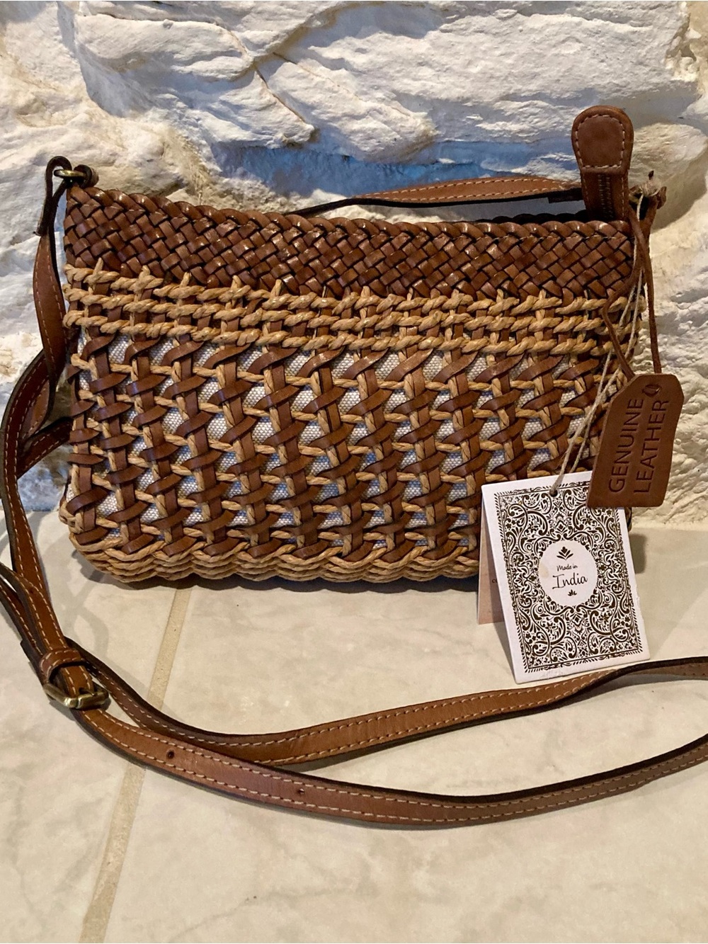 NWT Made in India brown and beige handwoven leather crossbody bag